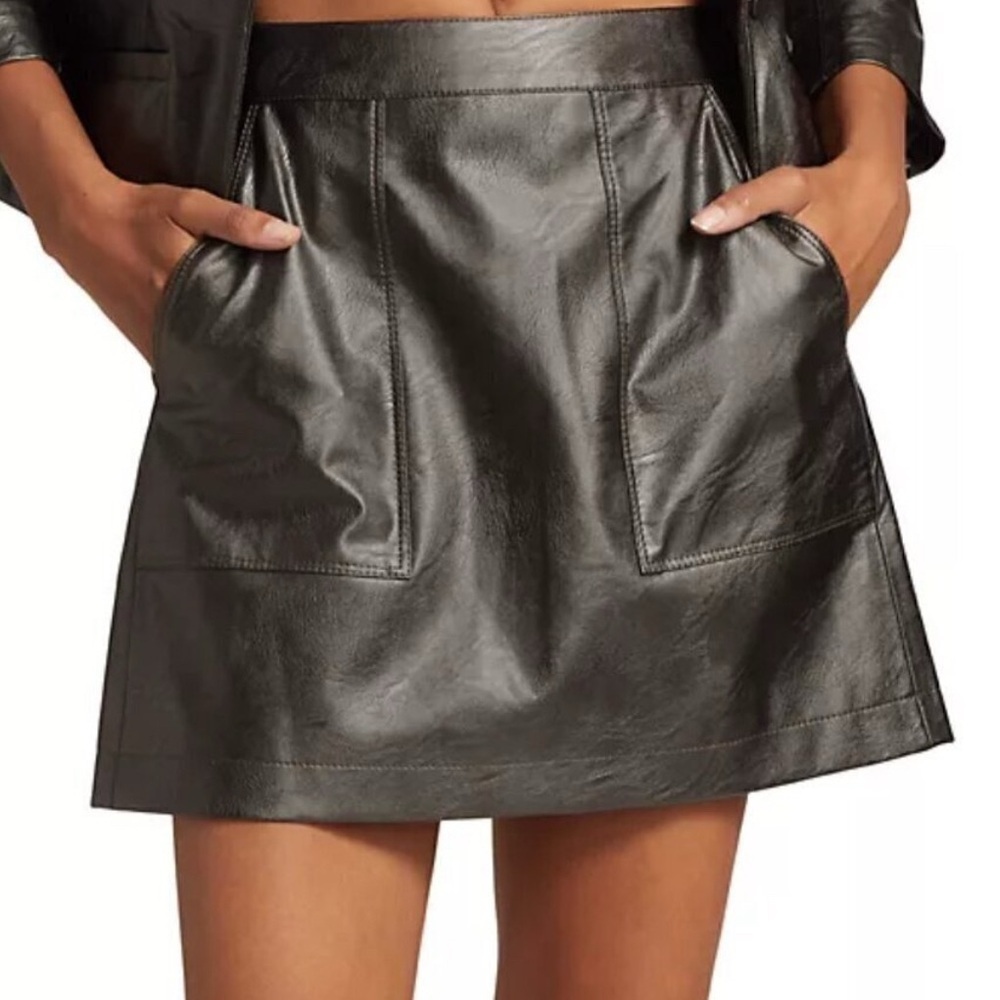 NWT Cinq A Sept Steel Gray Jaycie Mini Skirt Metallic Faux Leather 00 New